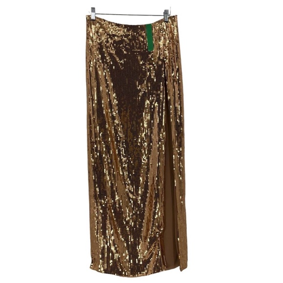 RETROFETE Savannah Sequin Embellished Maxi Skirt Gold Lined Slit Zip L NEW - Picture 5 of 9